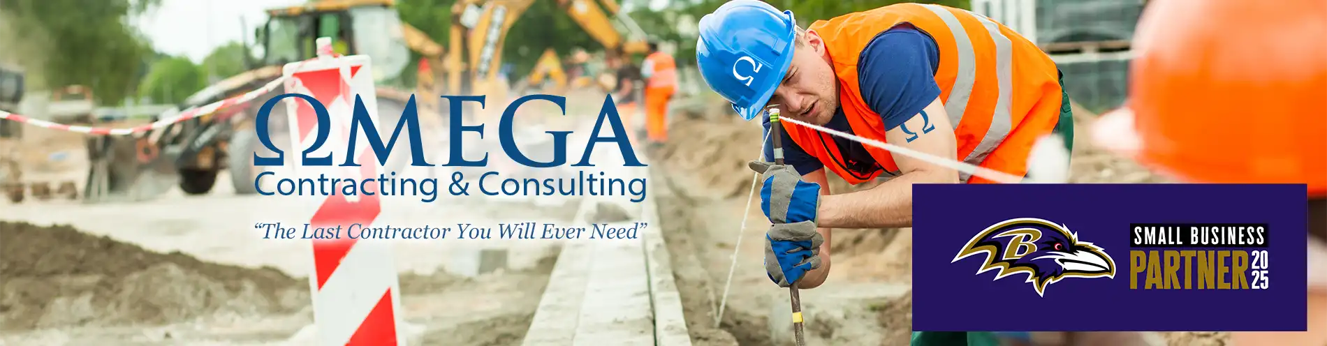 Omega Contracting & Consulting construction worker image promoting Baltimore Ravens partnership