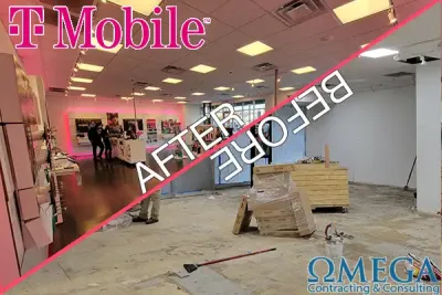 Before and after image for T-Mobile retail construction project managed by Omega Contracting.