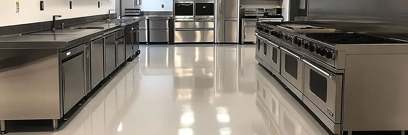 Seamless, high-gloss white epoxy flooring in a professional commercial kitchen with stainless steel appliances.