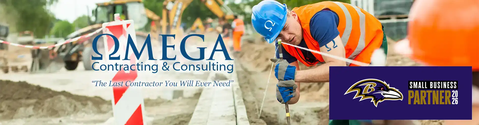 construction workers homepage hero image w ravens partnership logo 2026 Commercial Construction General Contracting Company Omega Contracting & Consulting construction worker measuring height of plumb line